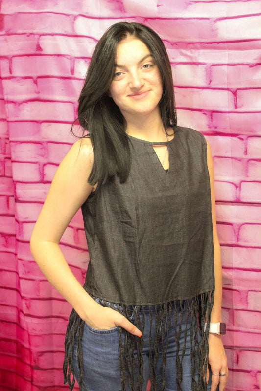 Women’s Merigold Kiss Charcoal Denim Fringe Tank