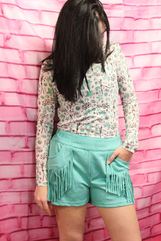Women’s Merigold Kiss, Holy Moly Turquoise Suede Fringe Shorts