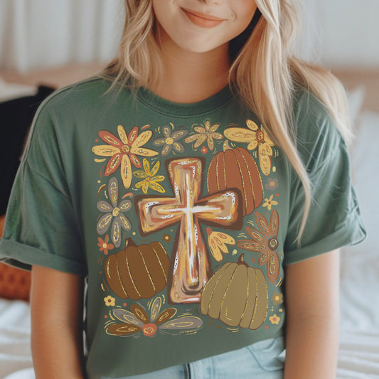 Fall Cross and Pumpkins,  Custom Tshirt