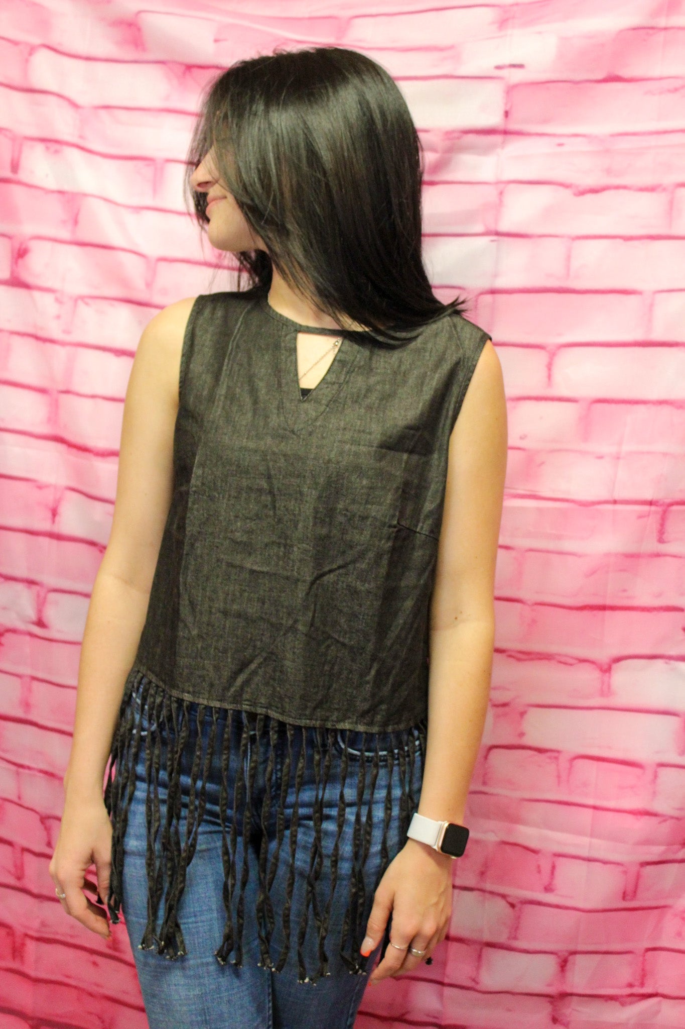 Women’s Merigold Kiss Charcoal Denim Fringe Tank