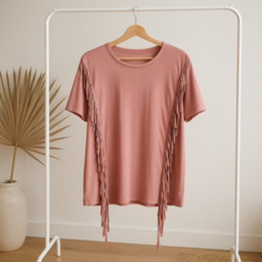 Women’s Merigold Kiss, Rose Pink Tshirt Blouse with Fringe Tassels